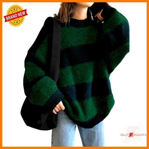 Sweaters - Oversized Striped Pullover Sweater Knit Crewneck Long Sleeve Fall Fashion